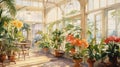 A painting of a greenhouse with potted plants, AI