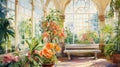 A painting of a greenhouse with potted plants, AI