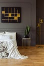 Painting on the grey wall, bedside table with a plant and white bed in a bedroom interior. Real photo Royalty Free Stock Photo