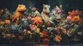 A painting of a group of animals in a field of flowers. Generative AI image.