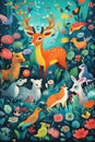 A painting of a group of animals in a forest. Generative AI image.