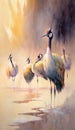 a painting of a group of birds standing in the water. generative ai