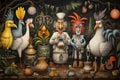 A painting of a group of chickens and roosters
