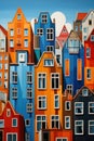 A painting of a group of colorful buildings