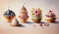 a painting of a group of cupcakes with different toppings.