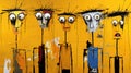 a painting of a group of faces on a yellow wall with black and white lines and faces drawn on them