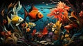 A painting of a group of fish swimming in the ocean. Digital image