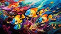 a painting of a group of fish swimming in the ocean