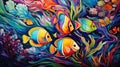 a painting of a group of fish swimming in the ocean
