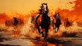 A painting of a group of horses running in the water. Generative AI image.