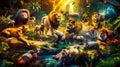 Painting of group of lions in the jungle. Generative AI Royalty Free Stock Photo