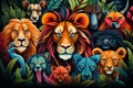 a painting of a group of lions and other animals in the jungle