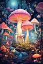 A painting of a group of mushrooms in a forest. Generative AI image.