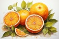 A painting of a group of oranges with leaves. Royalty Free Stock Photo