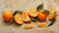 A painting of a group of oranges with leaves on them, AI Royalty Free Stock Photo