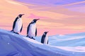 Painting of a group of penguins standing on top of a snowy hill