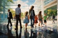 A painting of a group of people walking together down a street, captured in vibrant colors and lively brushstrokes, A large family