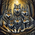 A painting of a group of wolfs in a forest. beautiful picture of family wolves.