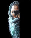 Painting of half the face of an old men with a beard suggesting mental illness