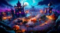 Painting of halloween town with lots of pumpkins and jack - o'- lanterns. Generative AI