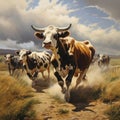 A painting of a herd of cattle running across a field Royalty Free Stock Photo