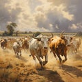 A painting of a herd of cattle running across a field Royalty Free Stock Photo