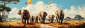 A painting of a herd of elephants walking across a field