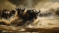 a painting of a herd of wild animals running through a river. generative ai