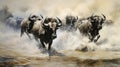 a painting of a herd of wildebeests running through water. generative ai