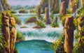 Original Oil Painting on canvas High yellow mountains in China, beautiful turquoise waterfalls, beautiful nature, dreams, mountain Royalty Free Stock Photo