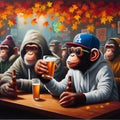 Painting of hiphop monkey drinking beer at a bar.