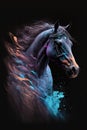 a painting of a horse with blue and pink streaks on it\'s face and head, with a black background and a black background