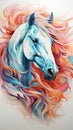 a painting of a horse\'s head with orange, blue, and pink streaks on it\'s face