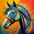 A painting of a horse wearing a bridle. Beautiful picture of colorful horse.
