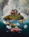 A painting of a house on a floating island. AI generative image. Royalty Free Stock Photo