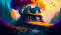 Painting of house in the middle of forest. Fantasy. Generative AI Royalty Free Stock Photo