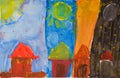 painting of houses in four time periods, morning, afternoon, evening, night, by a child
