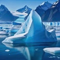 painting of icebergs floating in the water with mountains in