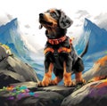 A painting illustration of dog with a vest with mountains view behind it