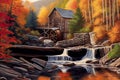 Painting illustration of Glade creek grist mill in autumn time, AI-generated