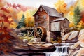 Painting illustration of Glade creek grist mill in autumn time, AI-generated