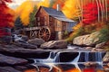 Painting illustration of Glade creek grist mill in autumn time, Humanly enhanced AI-generated Royalty Free Stock Photo