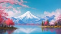 Painting illustration of tall snow mountain reflection in the lake surrounded with spring bloom