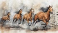 Painting illustration of three horses running in a line. AI Generated