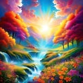 painting image of the majestic,ornate,acrylic,exploding prisms of vibrant dynamic colors of springtime.