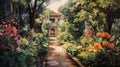 Imaginary Garden: Vibrant Watercolor Painting Of A Paved Path