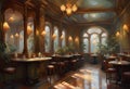 the interior of an old european cafe with stools and chairs round tables with glasses and bowls