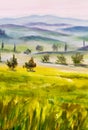 Painting with italian country landscape. Typical tuscan hills with cypress and farmland. Hand drawn illustration.