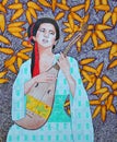 Painting of Japanese Lady in traditional dress with musical instrument