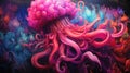 a painting of a jellyfish floating in a sea of blue, pink, red, and purple jellyfish Royalty Free Stock Photo